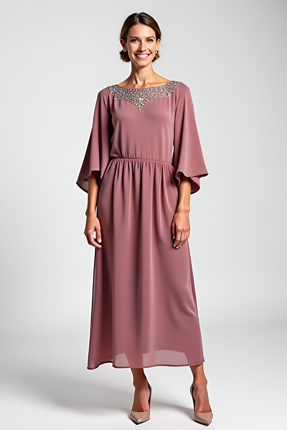 Vintage Mauve Szyfon 3/4 Rękawy Sukienka dla matki panny młodej z koralikami