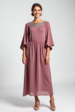 Vintage Mauve Szyfon 3/4 Rękawy Sukienka dla matki panny młodej z koralikami