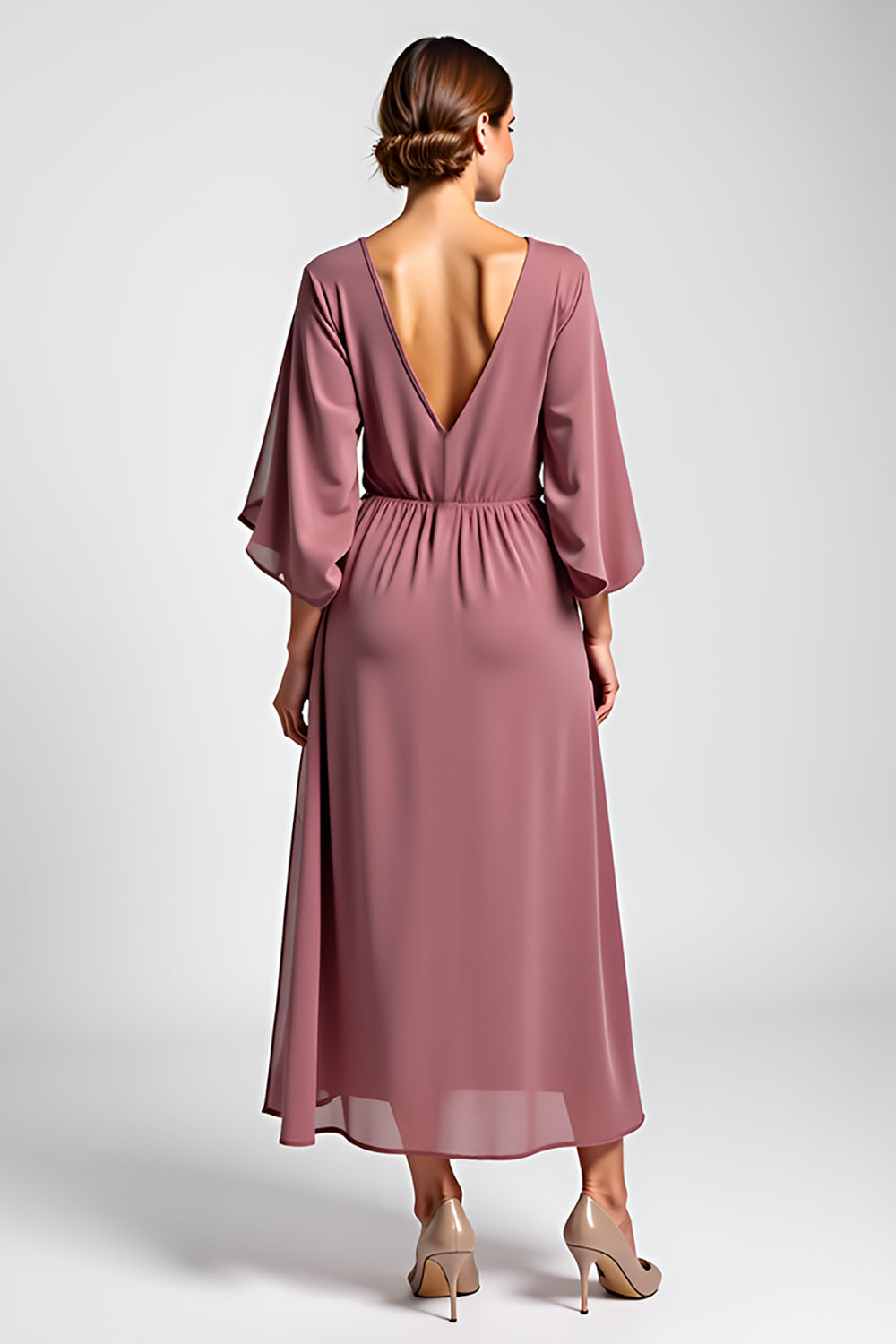 Vintage Mauve Szyfon 3/4 Rękawy Sukienka dla matki panny młodej z koralikami