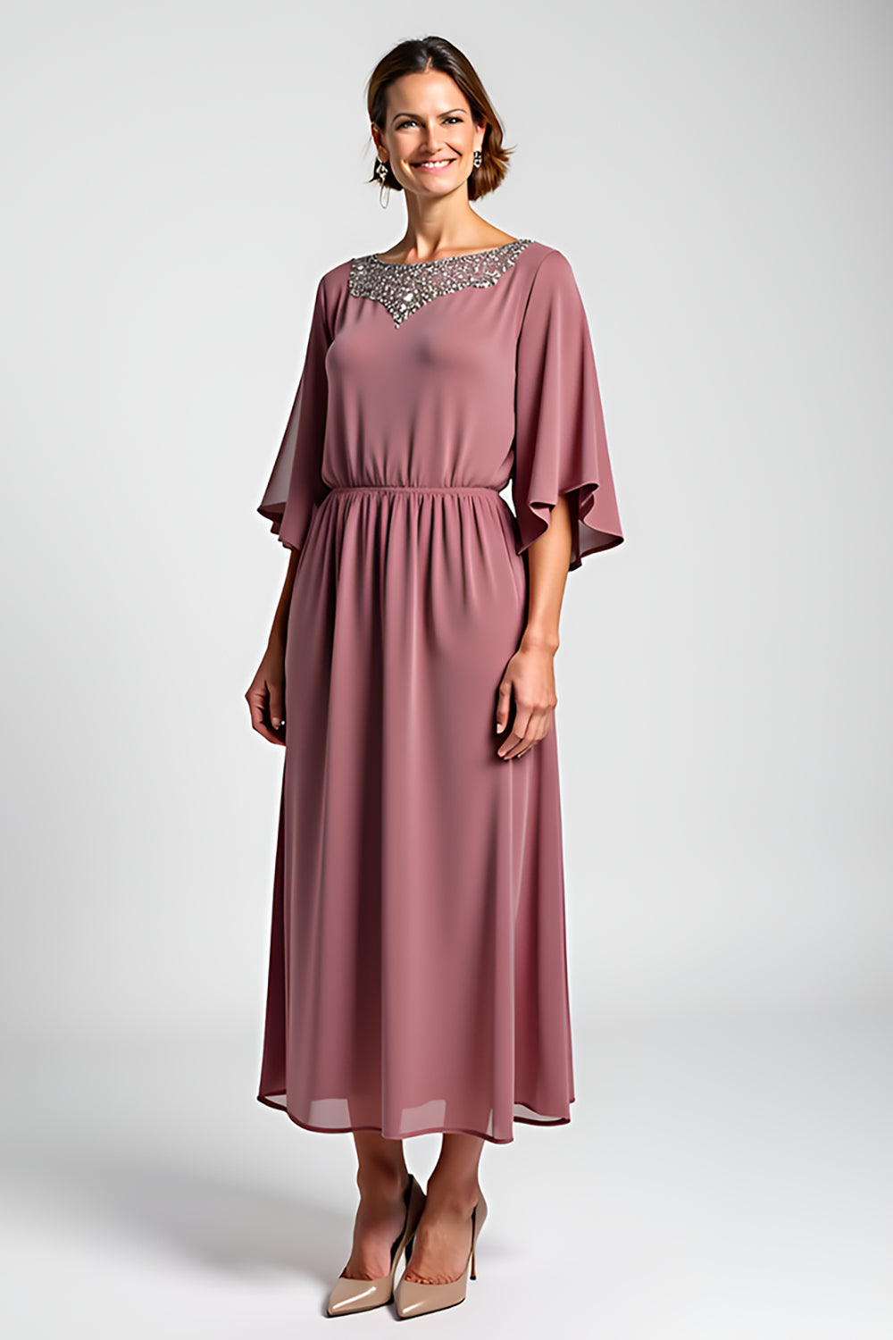 Vintage Mauve Szyfon 3/4 Rękawy Sukienka dla matki panny młodej z koralikami