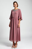 Vintage Mauve Szyfon 3/4 Rękawy Sukienka dla matki panny młodej z koralikami