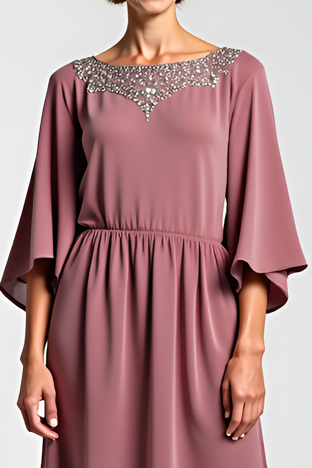 Vintage Mauve Szyfon 3/4 Rękawy Sukienka dla matki panny młodej z koralikami