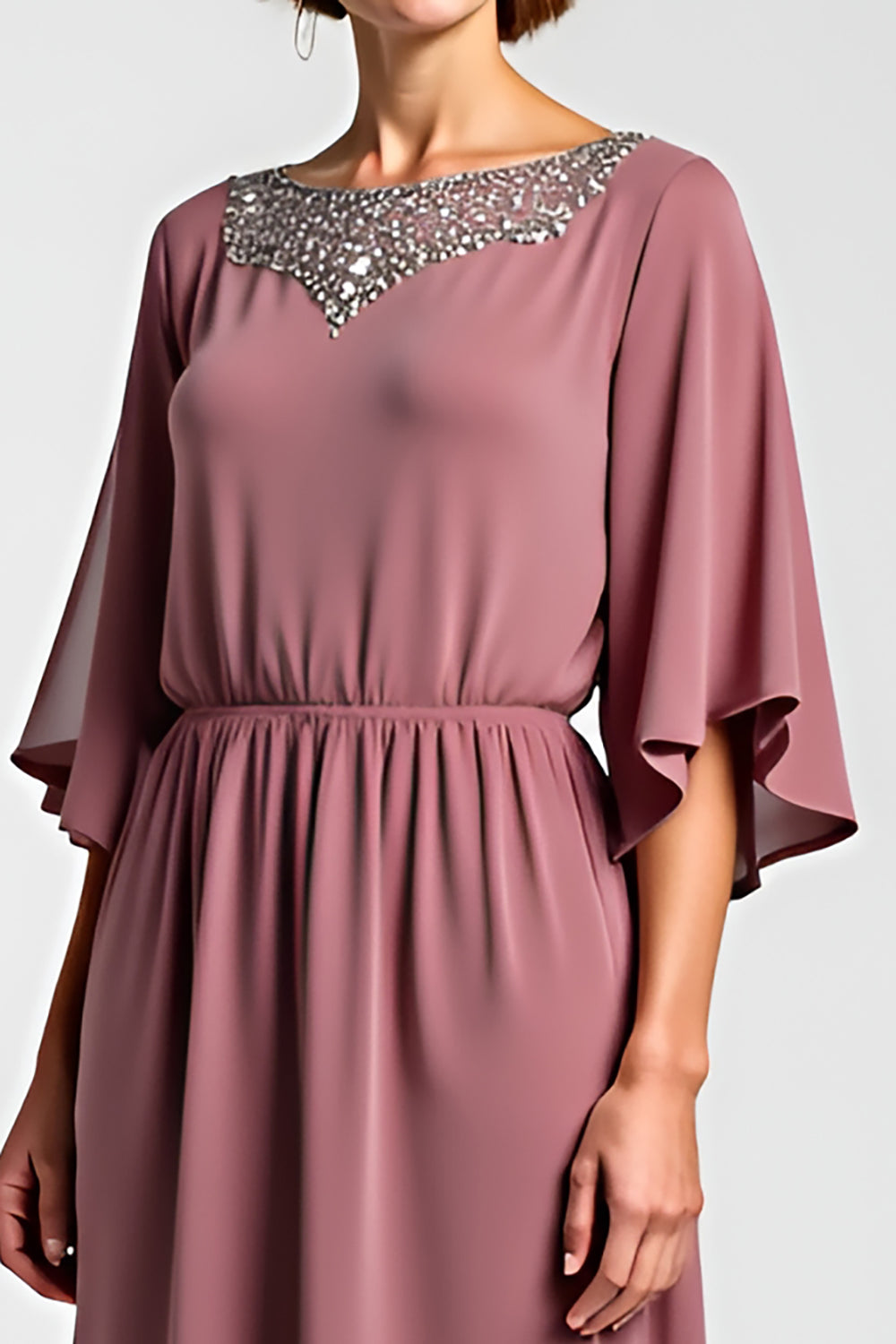 Vintage Mauve Szyfon 3/4 Rękawy Sukienka dla matki panny młodej z koralikami