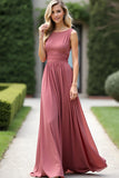 Elegancka Dusty Rose A Line Szyfonowa Długa Sukienka Druhny