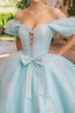 Księżniczka Sky Blue Suknia Balowa Off Off Shoulder Sznurowane Aplikacje Z Przodu Tiulowa Sukienka Quinceanera z kokardą