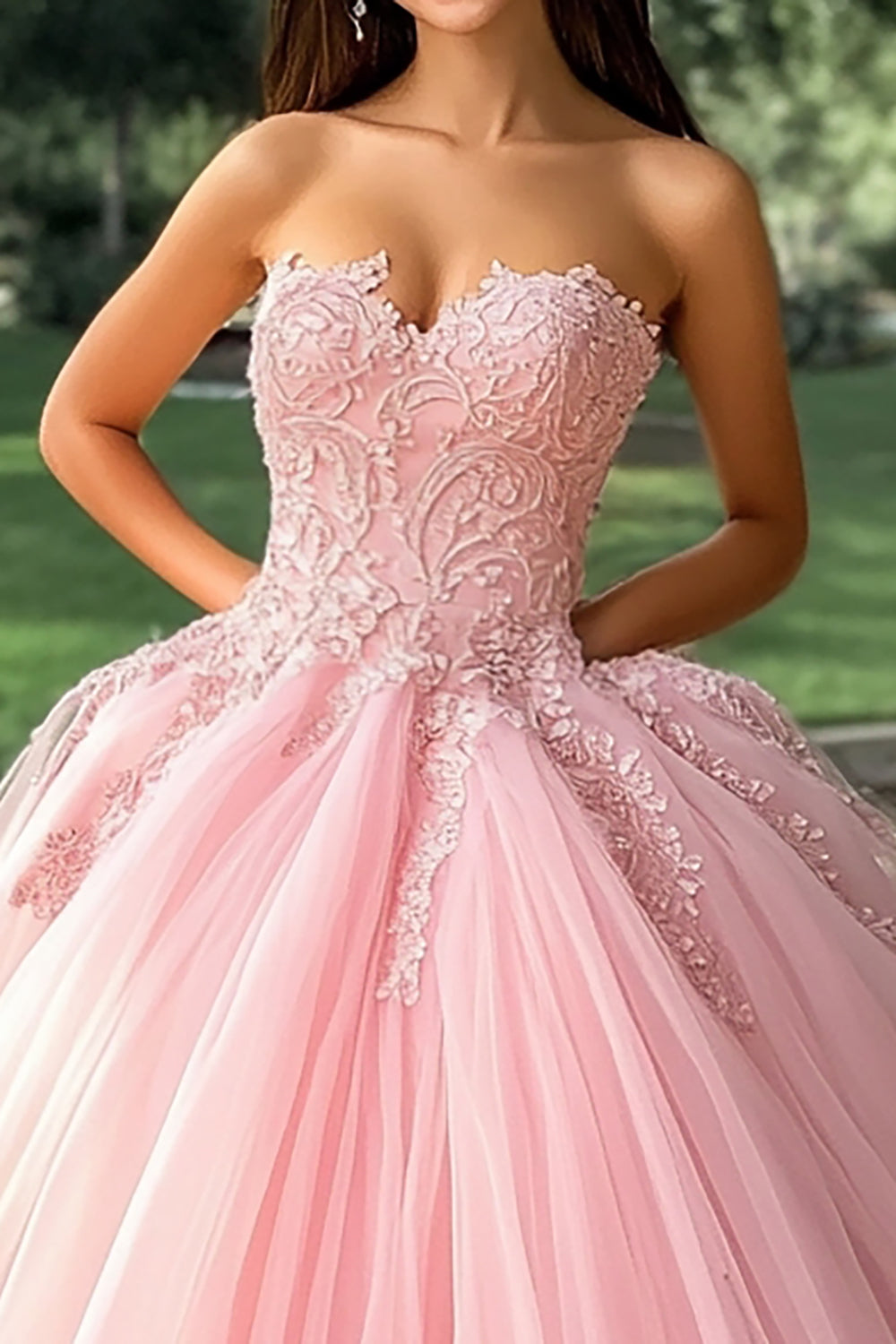 Różowa Suknia Balowa Bez Ramiączek Z Aplikacją Długa Sukienka Quinceanera