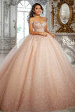 Brokatowa szampańska suknia balowa z odkrytymi ramionami z aplikacją Quinceanera