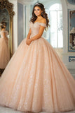 Brokatowa suknia balowa Szampan Off The Shoulder Koronkowa sukienka z aplikacjami Quinceanera