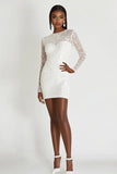 Biała cekiny Bodycon Scoop Neck Długie rękawy Krótka sukienka z okazji ukończenia szkoły