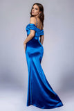 Ruched Royal Blue Cold Shoulder Sukienka na studniówkę z rozcięciem