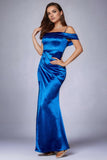 Ruched Royal Blue Cold Shoulder Sukienka na studniówkę z rozcięciem