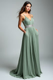 Dusty Sage Ruched Spaghetti Paski A Line Formalna Sukienka