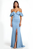 Dusty Blue Mermaid Ruffle Off Off Shoulder Długa sukienka dla gości weselnych z rozcięciem