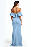 Dusty Blue Mermaid Ruffle Off Off Shoulder Długa sukienka dla gości weselnych z rozcięciem