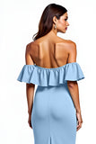 Dusty Blue Mermaid Ruffle Off Off Shoulder Długa sukienka dla gości weselnych z rozcięciem