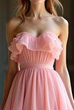 Różowa Organza A Line Sweetheart Falbany Sukienka Na Studniówkę A Line
