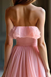 Różowa Organza A Line Sweetheart Falbany Sukienka Na Studniówkę A Line