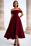 Bordowa sukienka wizytowa z krepy z linii A Off the Shoulder