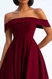 Bordowa sukienka wizytowa z krepy z linii A Off the Shoulder