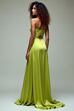 Lemon Green A Line Hollow Out Długa Formalna Sukienka Z Rozcięciem