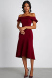 Bordowa sukienka wizytowa A Line Off The Shoulder Do kolan