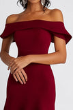 Bordowa sukienka wizytowa A Line Off The Shoulder Do kolan