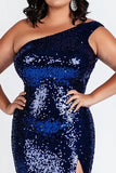Plus Size Błyszcząca Ciemnoniebieska Długa Sukienka Wizytowa Z Rozcięciem