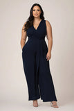 Plus Size Granatowy Długi Kombinezon Damski Z Dekoltem W Serek