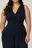 Plus Size Granatowy Długi Kombinezon Damski Z Dekoltem W Serek