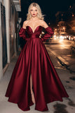 Burgundii Satynowa Bez Ramiączek Kształcie Litery A Długie Sukienka Na Studniówkę z Rozcięciem