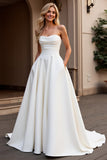 Bez ramiączek A Line Ivory Satin Ruched Suknia Ślubna