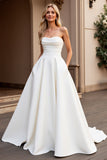 Bez ramiączek A Line Ivory Satin Ruched Suknia Ślubna