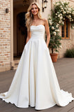 Bez ramiączek A Line Ivory Satin Ruched Suknia Ślubna