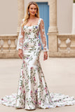 Ivory Flower Mermaid Kwadratowy dekolt Długie rękawy Suknia ślubna z koronką