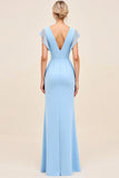 Sky Blue Sheath Wrap V Neck Ruffle Rękawy Ruched Długa Sukienka dla druhen