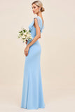 Sky Blue Sheath Wrap V Neck Ruffle Rękawy Ruched Długa Sukienka dla druhen