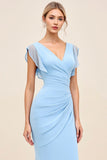Sky Blue Sheath Wrap V Neck Ruffle Rękawy Ruched Długa Sukienka dla druhen