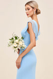 Sky Blue Sheath Wrap V Neck Ruffle Rękawy Ruched Długa Sukienka dla druhen