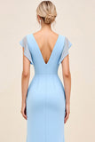 Sky Blue Sheath Wrap V Neck Ruffle Rękawy Ruched Długa Sukienka dla druhen