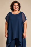 Granatowe szyfonowe spodnie z okrągłym dekoltem plus size dla matki panny młodej