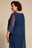 Granatowe szyfonowe spodnie z okrągłym dekoltem plus size dla matki panny młodej