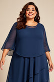 Granatowa Kształcie Litery A Szyfon Plus Size Długa Sukienki Na Wesele z Rękawy