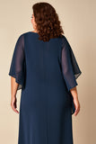 Granatowa Szyfon Plus Size Długa Sukienki Na Wesele z Rękawy