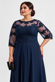 Granatowa Szyfon Plus Size Długa Sukienki Na Wesele z Rękawy