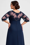 Granatowa Szyfon Plus Size Długa Sukienki Na Wesele z Rękawy