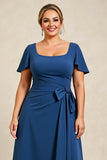 Atramentowy Niebieski Satynowa Plus Size Długa Sukienki Na Wesele z Kokardą
