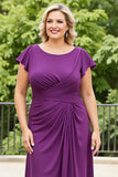 Fioletowy Osłona Plus Size Szyfon Sukienki Na Wesele z Krótkie Rękawy