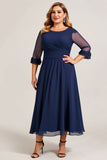 Granatowa Szyfon Plus Size Długa Sukienki Na Wesele z Pół Rękawy