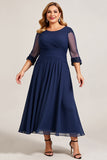 Granatowa Szyfon Plus Size Długa Sukienki Na Wesele z Pół Rękawy