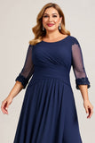 Granatowa Szyfon Plus Size Długa Sukienki Na Wesele z Pół Rękawy